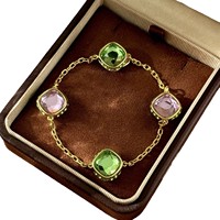 Ensemble de bijoux réversible à double face géométrique tendance, collier et bague carrés en strass vert herbe, rose et bleu
