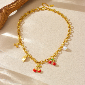 European And American Style Fruit Pendant Necklace With Strawberry Cherry Charms Stainless Steel Chain Everyday Wear - Product Image 3