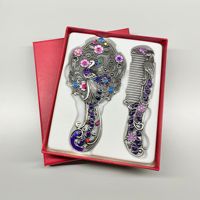 Miroir de maquillage vintage à motif de paon en bronze argenté avec peigne et poignée en métal, ensemble de peignes pour cadeau de festival