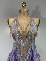 Robe de danse latine courte pour femme, ornée de strass et de franges, sans manches, scintillante, de luxe, pour performance en boîte de nuit, bar, scène ou tenue d'anniversaire