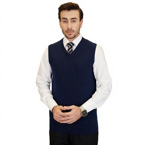 Gilet sans manches en tricot bleu marine pour homme, couleur unie, col en V, style automne, coupe classique, 100% acrylique - Product Image 1