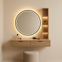 Coiffeuse flottante de style nordique avec miroir LED rond, table de maquillage multifonctionnelle avec rangement