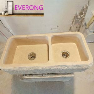 Lavabo double en <span class=keywords><strong>travertin</strong></span> brut, sculpté à la main, pour <span class=keywords><strong>salle</strong></span> <span class=keywords><strong>de</strong></span> <span class=keywords><strong>bain</strong></span>, toilettes ou cuisine - Product Image 3