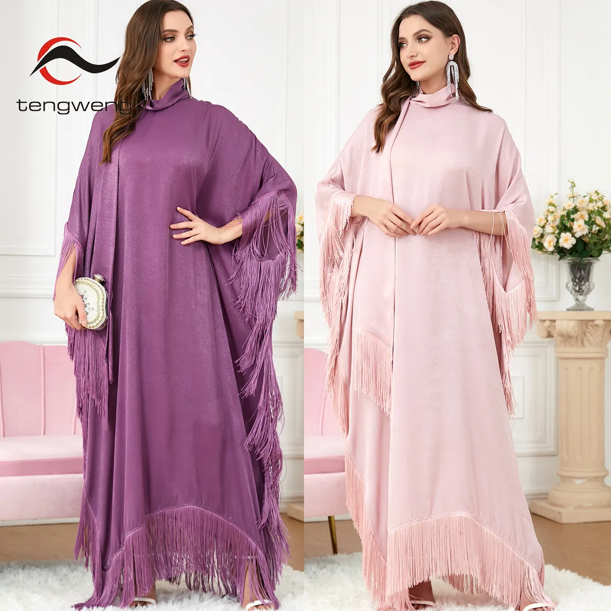 TW Islamic clothing Arabic Muslim women tassel clothes set Turkey Dubai solid dress abaya