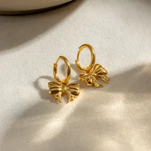 2024 Korean version cute girl bow kawaii fashion earrings stainless steel 18K gold-plated high-quality necklace ring set jewelry