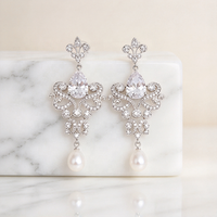 Boucles d'oreilles en gros, pendantes, type chandelier, en forme de goutte, avec perles, pour mariée, personnalisées, en cuivre et laiton plaqué rhodium, pour femmes