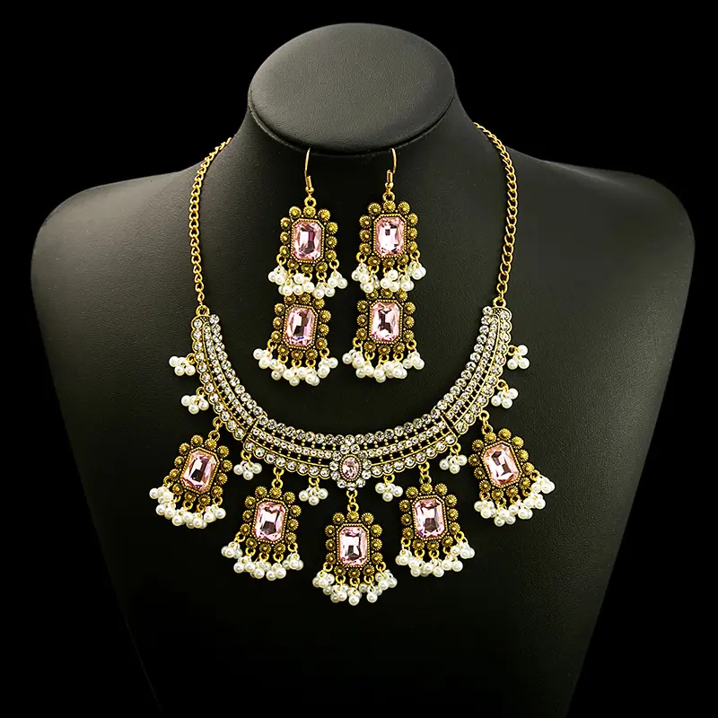 DAIHE Vintage Boho Fashion Jewelry 18k Gold Plated Indian Bridal Earring Necklace Jewelry Set Wedding