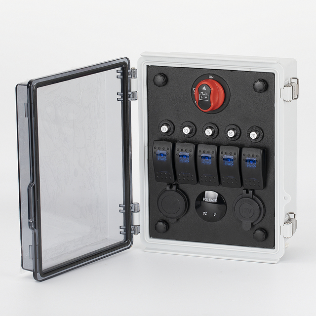 12V Waterproof Battery Power Control Hub Box with Integrated Rocker Switch Panel for Automotive Marine RV Applications