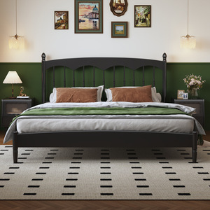French Retro Style Black <b>Double</b> <b>Bed</b> 1.5m 1.8m Platform <b>Bed</b> Modern Minimalist Solid Wood Windsor <b>Bed</b> Master Bedroom Furniture - Product Image 2