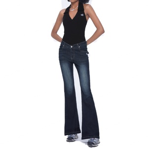 Custom Blue Slim Fit Jeans Pants for Women 100% Cotton Denim Fabric Dirty Wash Vintage Skinny Flared <b>Trousers</b> Women's Jeans - Product Image 3