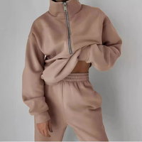 Ensemble de survêtement deux pièces pour femme, grande taille, hiver, avec logo personnalisé, demi-zip, sweat à capuche et pantalon long, tenue de sport décontractée
