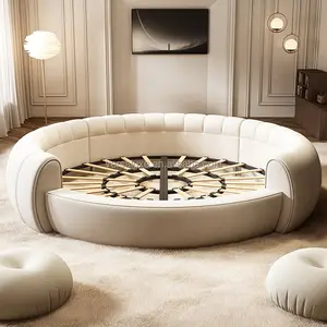 Cama redonda de tela de lujo ligera francesa estilo crema cama doble de madera moderna simple hogar dormitorio principal princesa cama redonda grande