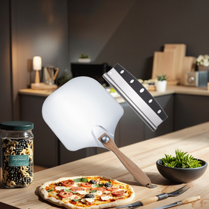 Pala plegable de acero inoxidable desechable para pizza con mango de madera, herramienta de cocina para hornear, juego de cortadores de pizza afilados para hornear y servir - Product Image 1