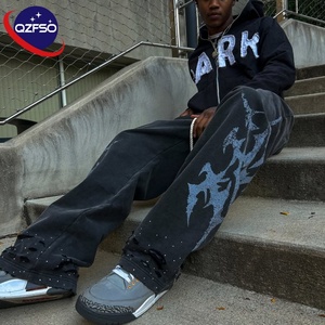 Qzfso เสื้อฮู้ดแบบมีรูเปิดนิ้วสำหรับผู้ชาย, เสื้อมีฮู้ดผ้าฝ้ายแนวสตรีทเสื้อมีซิปมีฮู้ดปักลาย - Product Image 1