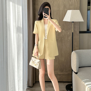 Women's Short Sleeve Blazer Set Summer Lightweight Breathable Woven Office Lady Suit Shorts Two Piece Professional Workwear - Product Image 1