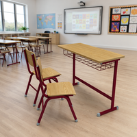 Ensemble bureau et chaise 2 places, plateau en stratifié bois, structure métallique, étagère de rangement en treillis métallique pour salle de classe, maternelle, école primaire, vente en gros
