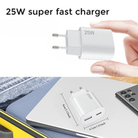 Chargeur rapide USB PD 25W à 2 ports avec matériau ignifuge pour PC et protection contre les surintensités pour téléphones portables, ordinateurs portables et appareils intelligents
