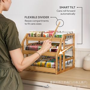<b>Bamboo</b> Food Can Rack 3 Tier Stackable Storage Organizer With Flexible Divider For Kitchen Cabinet Use - Product Image 1