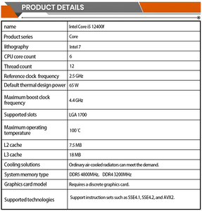 Brand New Seis Núcleo <span class=keywords><strong>I5</strong></span> 2.5GHz 10 nanômetros 12MB 11400F/12400F <span class=keywords><strong>CPU</strong></span> para Desktop - Product Image 4
