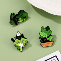 Broche chat noir en gros, plante verte, badge de revers en métal amusant, style dessin animé, épingle en émail souple, accessoires de sac, technique de moulage, souvenir