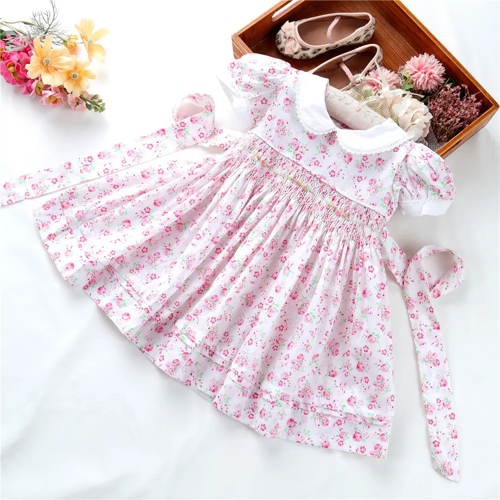 B38543卸売子供スモックドレス女の子服ブティック子供服花花刺繍