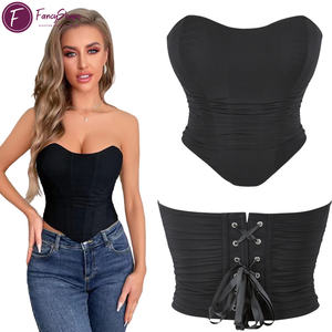 Corsé Bustier de Malla para Mujer con Diseño de Retazos y Espalda Descubierta Sin Tirantes y Cordones Traseros, Top Corto Moldeador - Product Image 3