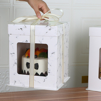 Boîte d'emballage en papier avec fenêtre, Logo personnalisé, conception d'impression, vente en gros, boîtes à gâteaux, multicolore, boulangerie, carré, anniversaire, pièces