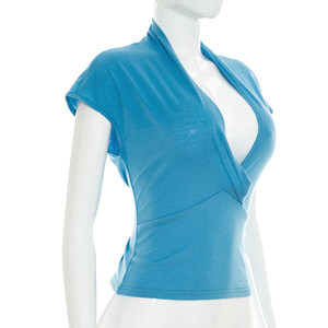 Viviblook Q26TP077 Nouveau T-shirt court décontracté pour femme, coupe ajustée, col en V profond, couleur unie, manches courtes, idéal pour l'été - Product Image 2