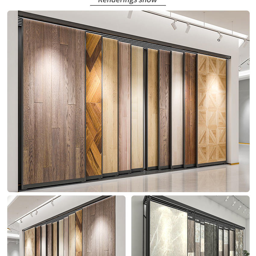 Tsianfan custom push pull wood compounds floorboards laminated timber floor sample material wooden floor display rack