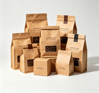 Pochette en papier kraft brun recyclable 250g 500g 1kg vide à fond plat pour emballage de grains de café, sac à café refermable avec valve