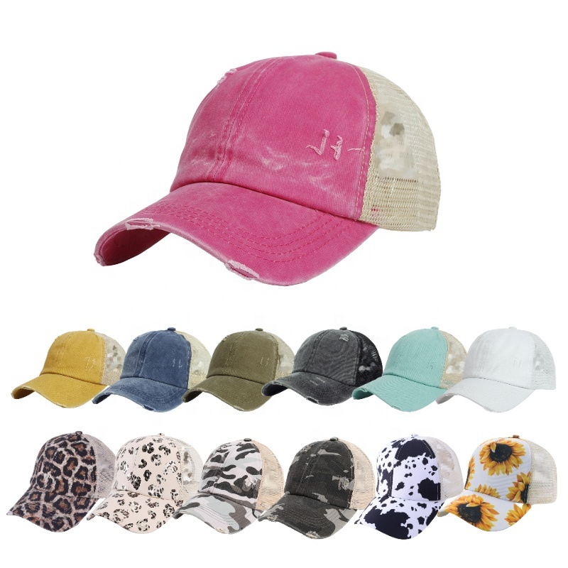 DD580 Women Leopard Print Distressed Trucker Hat Washed Cotton Ponytail Baseball Sports Caps Messy Bun CrissCross Ponytail Hat