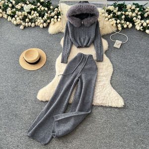 女式两件套运动服毛边裁剪连帽针织上衣和宽腿毛衣裤子套装两件套女士 - Product Image 1