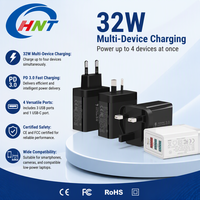 Chargeur mural électrique rapide HNT Wholesale 32W GaN 4 ports PD QC, adaptateur secteur multi-prises EU/US/UK/AU pour appareil photo, ordinateur portable, OEM CE FCC