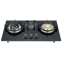 Table de cuisson à gaz encastrable à trois brûleurs en verre trempé avec sécurité anti-extinction de flamme, allumage par impulsions, classe d'efficacité énergétique A+, usage domestique