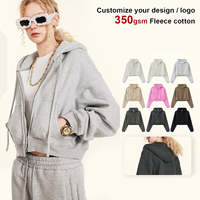 HETH137 Sudadera con capucha de algodón polar corta de 360 g/m² de estilo Y2K vintage a la moda para mujer, con cremallera, logotipo OEM bordado, MOQ bajo