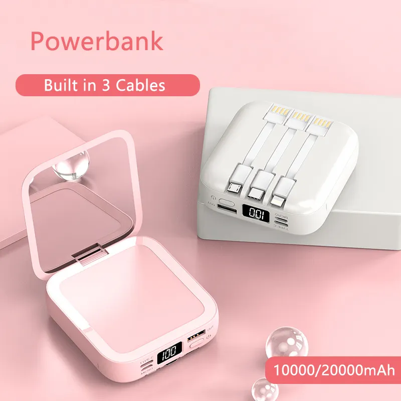 20000Mah Mini Power Bank Met Micro Usb Type C Kabel Draagbare Oplader Make-Up Spiegel Powerbank Externe Batterij Power bank