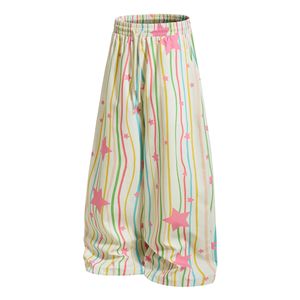 Pantalon large pour femme, rayé, imprimé étoiles roses, coupe ample, taille haute élastique, décontracté, été, longueur complète, tissé - Product Image 4
