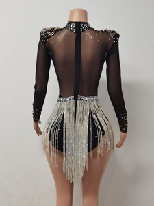 Mono corto transparente con borlas para mujer, mono Sexy con borlas para actuaciones en escenario, leotardo para fiesta y Club nocturno, monos con diamantes de imitación - Product Image 3