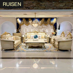 Set Sofa Ruang Tamu Warna Barok Prancis Mewah, Furnitur Ruang Tamu Eropa, Sofa Kulit Asli Gaya Istana Kerajaan - Product Image 1