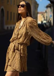 À la mode décontracté robes amples été 2025 femmes rétro à manches longues imprimé fleuri simple boutonnage cravate-taille <span class=keywords><strong>robe</strong></span> - Product Image 3