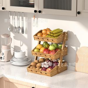 Wooden Fruit And <b>Vegetable</b> Storage Rack 3 Tiers Rectangle <b>Standing</b> Type Multifunction Counter Organizer - Product Image 1