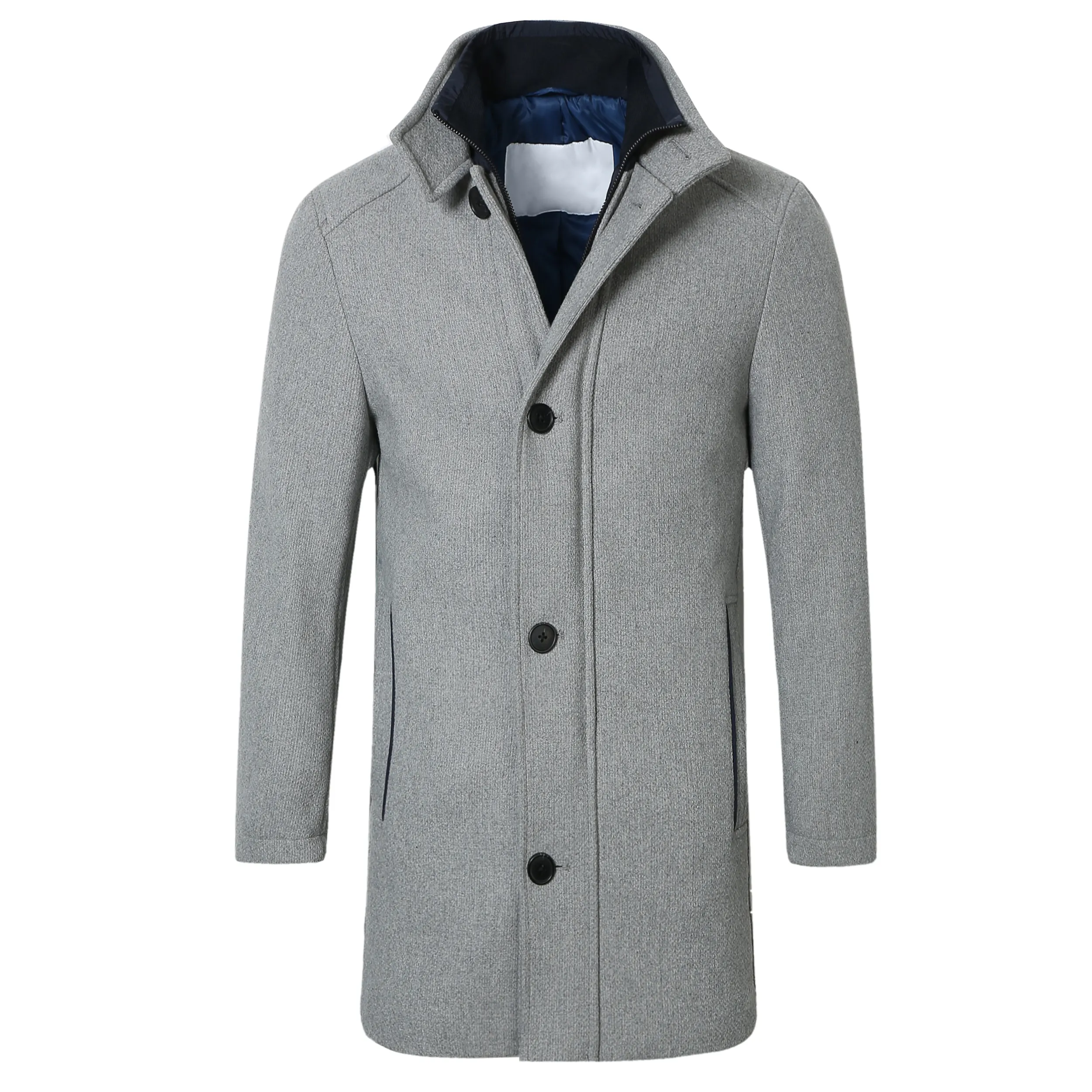 Winter Woolen Coat Men Stand Collar Grey Male Thick Long Trench Coat Pocket Slim Mens Overcoat