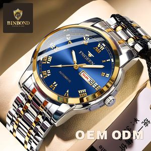 FNGEEN Automatic Mechanical Watch Blue Dial Roman Numerals Stainless Steel Bracelet Day Date Display Men's Watch - Product Image 5