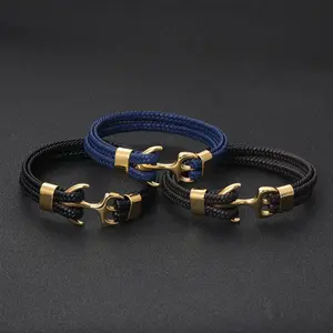 Wholesale men's black denim hand-woven rope anchor stainless steel leather bracelet for men