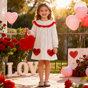 Versandfertig Auf Lager Mädchen Kinder Frühling Valentinstag Polka Dots Rote Pailletten Herz Langarm Partykleid - Product Image 1