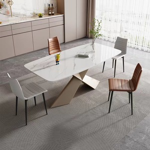 Juego de Mesa de Comedor de Diseño Moderno Wabi-Sabi, Tapa de Mármol Brillante, <span class=keywords><strong>Patas</strong></span> de Acero al Carbono, Venta al por Mayor, Muebles Nórdicos Blancos, Almacén - Product Image 6