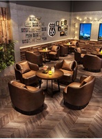 Meubles de café-pub industriels sur mesure, ensemble de sièges en cuir rétro avec table à manger en bois massif