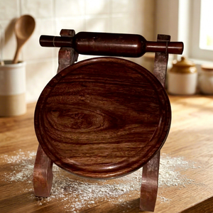 Juego de Chakla y Belan de Madera con Acabado Oscuro, Tabla Clásica para Enrollar Roti, Utensilios de Cocina Hechos a Mano, Herramientas de Repostería, Placas para Pastelería - Product Image 1