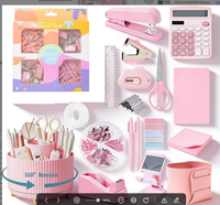 Ensemble d'organisateurs de bureau en plastique rose personnalisé, kit d'accessoires de papeterie esthétiques, distributeur de ruban adhésif, agrafeuse, ciseaux, calculatrice, pour étudiants