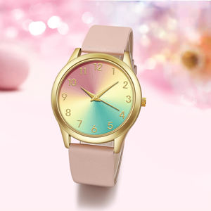 WJ-11439 Date Made in China Usine Directe <span class=keywords><strong>Pas</strong></span> <span class=keywords><strong>Cher</strong></span> Dames Montre Bracelet En Cuir Arc-En-Ciel Cadran Casual Femmes Montre En Gros Montres - Product Image 3